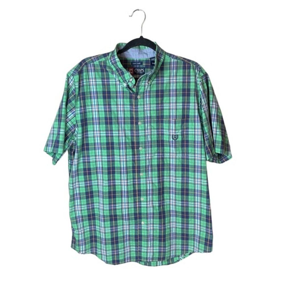 Chaos Easy Care Green Blue White Plaid Short Sleeve Men’s Button‎ Up Size Large